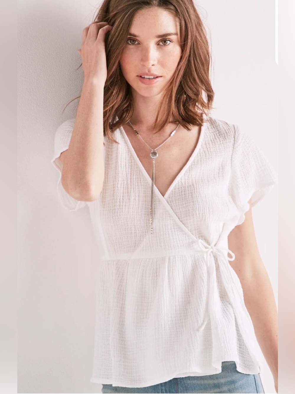 New Lucky Brand Gauze Cold Shoulder Top Faux Wrap SZ S White